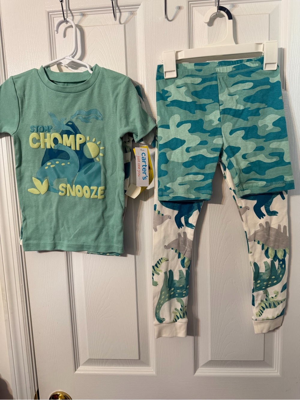 Carter's Green Dino Pajama Set with Teal Camo Shorts